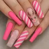 Arte de Uñas Navideño Uñas Postizas Cuadradas Largas Moda de Comercio Exterior Europeo y Americano Estilo de Venta Caliente Patrón de Rayas de Reno Rosa