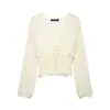 Moda Primavera 2026 Estilo Europeo y Americano Color Sólido Corta Holgada Encaje Transparente Camisa Cardigan Top con Cuello en V con Sentido de Diseño