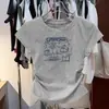 Camiseta de Algodón Puro con Estampado de Dibujos Animados, Cintura Fruncida con Volantes, Cuello Redondo Gris, Hombro Normal, Manga Corta, Top Corto de Verano para Mujer Petite