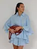Conjunto de Camisa Solta e Shorts Transfronteiriço Estilo Europeu e Americano Verão 2026 Novo Conjunto de Blusa com Manga Três Quartos Franzida e Shorts