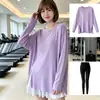 Conjunto de yoga com top de manga longa, duas peças de corte solto, design com fenda, secagem rápida, respirável, plus size, capa fitness modeladora e calça de yoga