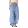 Calça Cargo Plaid Elástica na Cintura com Pregas Estilo Retrô Americano Design Unissex com Efeito Drapeado Perna Larga Calça Casual