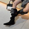 Botas Altas de Ante de Vaca Otoño e Invierno 2025 Estilo Europeo y Americano Botas de Jinete de Doble Uso Punta Cuadrada Tacón de Cuña Mangas Estilizan la Figura Botas Altas