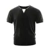 Nueva moda de verano para hombre, camiseta de punto de manga corta con cuello en V, estilo falso dos piezas, estilo coreano, color liso, camiseta casual y sencilla para adolescentes