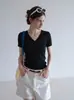 Camiseta de punto de lino de manga corta con cuello en V, estilo vintage old money para mujer, súper elegante, estiliza y chic para el verano