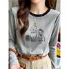 Camiseta de manga larga de algodón puro para mujer con diseño de bloques de color en los hombros, cuello redondo, un top versátil y capa base para principios del otoño de 2026