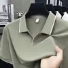 Camiseta de manga corta para hombre de seda helada con cuello marinero, nueva de verano, tacto fresco, casual de negocios, transpirable, color liso, polo de media manga