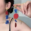 Pendientes de Borla de Disco de Cuero Rojo y Azul Contrastantes con Personalidad Exagerada Moda Europea y Americana Pendientes Asimétricos de Gama Alta para Mujer