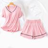 Conjunto Nuevo de Ropa para Casa de Manga Corta con Escote en V para Mujer, Shorts con Almohadilla en el Pecho, Pantalones Capri, Conjunto de Pijama de Tres Piezas