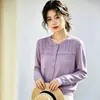 Elegante cardigã de tricô feminino com gola redonda, design em crochê vazado, caimento solto, nova jaqueta top estilosa com botões