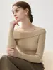 Estilo elegante e sofisticado! Camisa feminina canelada slim fit ombro a ombro 100% caxemira pura, top de tricô estiloso