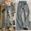 Jeans acampanados vintage de alta calle americanos para hombre, corte recto holgado, pantalones largos con diseño vertical, lavados con un ligero acampanado, modernos