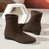 Botines Vintage Marrones de Gamuza para Mujer, con Tacón Grueso, Punta Cuadrada Francesa, Aumento de Altura de 8 cm y Cierre Trasero