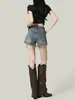 Shorts Jeans Rasgado Estilo Americano para Mulheres, Novo Modelo Verão 2026, Cintura Alta Desfiado Linha A Wide-Leg Hot Pants Tendência