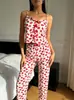 2024 Amazon AliExpress Estampado Contraste Color Costuras Malla Ropa de Casa Abertura Delantera Tirantes Traje de Pijama