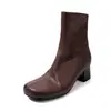 Botines cortos para mujer hechos de piel de vacuno de capa superior con tacones gruesos, de altura media, nuevo estilo otoño e invierno, punta cuadrada, cremallera lateral, acabado lavado desgastado