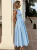 Vestido midi de estilo europeo y americano con tiras de pajarita, ceñido a la cintura, plisado, dobladillo amplio, color liso, línea A, largo, para vacaciones y citas