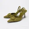 Sandalias de Tacón Alto Puntiagudas de Terciopelo Verde, de Moda y Lujosas, con Hebilla Ovalada y Correa Trasera, Tacones Altos para Mujer, Nuevas Llegadas de Primavera