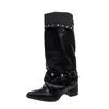 Botas largas de tacón grueso, botas de cuero, botas de punta acampanada para mujer, nuevo modelo 2026, botas vaqueras de remaches metálicos apilados, botas de jinete