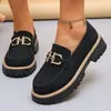 Mocasines retro de metal con hebilla y suela gruesa para mujer, zapatos slip-on de punta redonda con tacón grueso, estilo británico