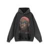 Suéter con capucha vintage antiguo europeo y americano con estampado de retrato hip-hop lavado viejo retro algodón sudadera pesada