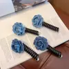Diadema Elástica Azul Denim con Flor Rosa para Coleta Accesorios para el Cabello Herramienta de Peinado Hecho a Mano para Niñas Pequeñas