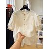 En Stock Verano Nuevo Encaje Cuello Redondo Color Sólido Algodón Lino Bordado Pesado Casual Juvenil Camisa Top Versátil