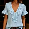 Em Estoque Verão 2026 Novo Estilo Comércio Exterior Transfronteiriço Moda Europeia e Americana Elegante Babados Decote V Camiseta Feminina