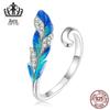 Evelle anel de abertura de penas azuis s925 banhado a platina azul verde gradiente óleo gota zircon anel pulseira