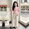 Pantalones Anchos Holgados Estilo Coreano de Verano para Niños Grandes Top Delgado Elegante de Manga Corta Pantalones Rectos Casuales de Moda Conjunto de Dos Piezas