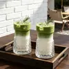 Taza de Café Colgante de Oreja de Estilo Ins para Uso Doméstico, Vaso Alto de Vidrio con Patrón Vertical, Taza Retro Americana para Iced Latte, Té de Frutas