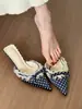 Primer Encuentro con las Elegantes Mules de Terciopelo con Punta y Lazo de la Temporada para Mujer, Tacones Altos de Encaje para Primavera