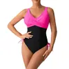 Bikini de una pieza estilo europeo y americano con bloques de color, escote en V, nudo cruzado y cordones laterales, que oculta el abdomen, adelgaza y favorece la figura