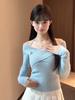 Top de Punto Azul de un Hombro con Cuello Halter para Mujer, Otoño Nicho Cruzado Ajustado Corto, Estilo Commuter