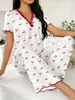 Pijama de Manga Corta y Pantalón Largo Estampado Transfronterizo Europeo y Americano para Mujer, Cómodo de Pierna Ancha, Se Puede Usar Afuera, Ropa de Casa para Mujer para Verano