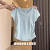 Algodón Puro Elástico Suave Azul Claro Diseño Adelgazante Top Plisado Hombro Derecho Manga Corta Verano para Mujer Sencillo Versátil Camiseta
