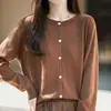 Cardigã de Malha de Algodão Feminino Simples Suave Gola Redonda Botão Solto Temperamento Sweater Redutor de Idade Peça Externa Top