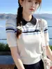 Top de punto de manga corta con cuello polo para mujer, nuevo estilo de verano, camiseta versátil con un diseño adelgazante y único