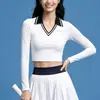 Top Esportivo Feminino Gola V Manga Longa Outono Inverno Elástico Slim Fit Corrida Pilates Treinamento Yoga Camiseta