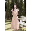 Vestido rosa claro da moda estilo francês para mulheres, novo modelo de verão, elegante vestido longo em poliéster azul marinho