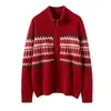 Cardigan de Cashmere com Gola Alta Estilo Fair Isle Pesado, Fechamento em Zíper, Jaqueta Suéter Color Block Grossa para Mulheres, Tendência