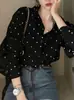 Camisa de Gasa con Lunares Negros para Mujer Manga Larga 2026 Primavera Otoño Diseño Retro Sensación de Alta Gama Francesa Nicho Superior Único