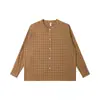 Camisa de cuadros retro estilo japonés sin cuello ORIGTEEN, corte holgado, unisex, algodón puro, camisa de manga larga para primavera y otoño C7010