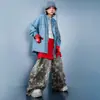 Conjunto de baile callejero estilo hip-hop para niños y niñas, con una camisa de cuadros azules y pantalones con estampado de estrellas camufladas, un conjunto de práctica de hip-hop