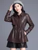 A Melhor Versão de Wansheng! Jaqueta de Couro Justa com Ajuste na Cintura por Cordão, Trench Coat Curto Solto