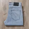 Jeans Casuais de Sarja Azul Claro Ultra-Fino Respirável Macio Elástico Leve para Homem