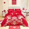 Conjunto de casamento em tecido escovado hipoalergênico em vermelho vibrante, conjunto de capa de edredom com bordado pesado requintado estilo chinês