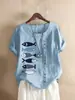 Amazon Transfronterizo Verano 2020 Vintage Algodón y Lino Manga Corta Talla Grande Estampado de Dibujos Animados Holgado Camisa