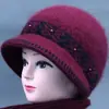 Sombrero de invierno para mujeres de mediana edad y ancianas, sombrero tejido de lana con ala ancha, cálido de piel de conejo, con forro de terciopelo y grueso para señoras mayores.