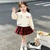 Conjunto de Suéter para Niña Otoño Invierno Nuevo Gato de Dibujos Animados Cárdigan de Punto Estilo Coreano Elegante Falda a Cuadros Vestido de Princesa para Bebé